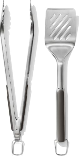 OXO Outdoor Grilling Turner and Tongs Set | Grilling Spatula and Tongs, Beveled Head Slides Under Food, Non-Slip Grip, Hanging Ring, Ideal for Grilling & BBQ