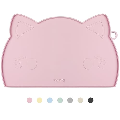 Coomazy Cat Food & Water Mat Thicker Non-Slip Silicone Mat with Raised Edge | Pink water food bowl mat,Feeding Fountain mat for indoor cats