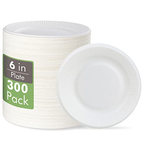 Vplus 100% Compostable Small Paper Plates, 300 Pack 6 Inch, Uncoated | Biodegradable, Made of Sugar Cane Fibers, Perfect for Sandwich, Cake, and Snack