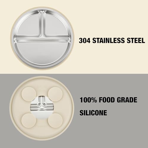 PandaEar 3 Pack Stainless Steel Baby Suction Plates, Divided Toddler Plate for Baby Led Weaning Supplies, Non-Slip Toddler Baby Feeding Set Dishwasher Safe (Blue/Green/Brown)