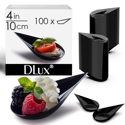 DLux 100 4-in Tear Drop Mini Appetizer Plates, Black | Reusable Plastic Spoons, Desserts & Appetizers Dishes Serving Plate, Asian Set Small Catering Tasting Cups with Recipe Ebook