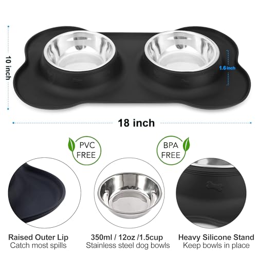 AsFrost Dog Food Bowls Stainless Steel & Water Dish with No-Spill and Non-Skid, Feeder Bowls with Dog Food Dish for Small Medium Large Size,Dogs,Cats,Puppy Pets, Black, 12oz