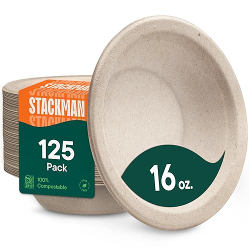 Paper Bowls, 100% Compostable Disposable Soup Bowl [125-Pack] - PFAS-Free - BPI Certified - [16 oz] Heavy Duty, Eco-Friendly, Biodegradable Bagasse Hot Food Plates and Bowls - Natural Brown