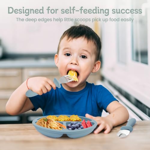 Eascrozn Toddler Plates 3 Pack, Divided Suction Plates for Baby | BPA Free, Food Grade Silicone Baby Plates, Non-Slip, Baby Led Weaning Supplies, Microwave and Dishwasher Safe