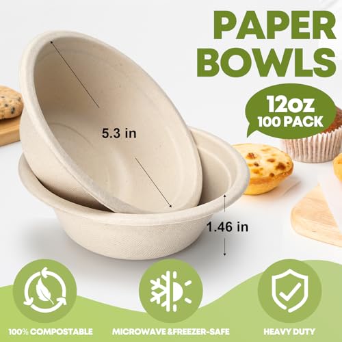 W&Y 12 oz Paper Bowls Disposable 100-Count, Compostable Bagasse Bowls | Heavy-Duty, Microwave-safe, Sugarcane Fibers, Suitable for dessert, Soup, Cereal, Salad, Ice cream, and hot or cold use