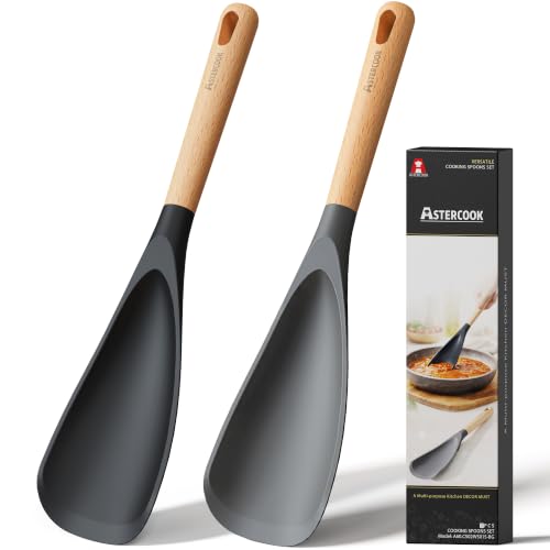 Astercook Cooking Spoon, 2 Pack, Nonstick Safe Silicone Spoonula Spatula | Long Wooden Handles, Heat Resistant, BPA-Free, Built-in Spoon Rest, Spatula Spoon For Stirring, Scooping, Scraping & Serving