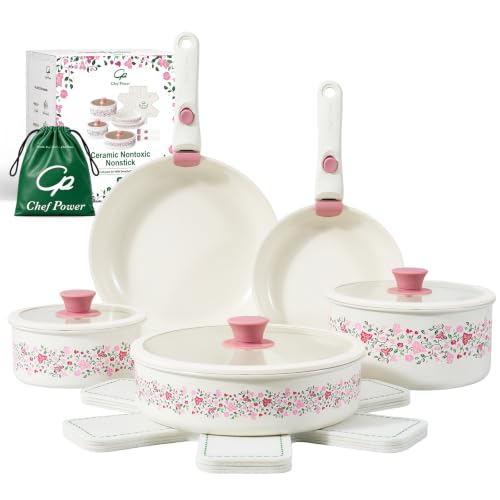 Chef Powe Ceramic Cookware Set Non Toxic, 14Pcs Detachable Pans and Pots