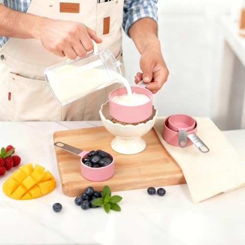 Measuring Cups and Spoons Set, 10 Pieces Stackable Measure Tools with Stainless Steel Handles, Kitchen Gadgets for Cooking & Baking (Pink)