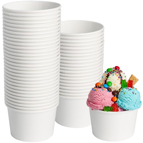 ESSENTIAL Paper Ice Cream Cups, 50 Pcs 8oz Paper Snack Bowls | Disposable Dessert Bowls (No Lids) for Hot or Cold Food, Paper Snack Containers for Sundae, Frozen Yogurt, Soup (White)