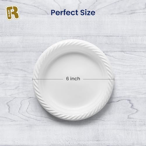 R-kay 100 Pack 6 Inch White Plastic Plates Disposable - Heavy Duty White Disposable Plates - Microwavable Disposable Plastic Plates (6 Inch, 100, Count)