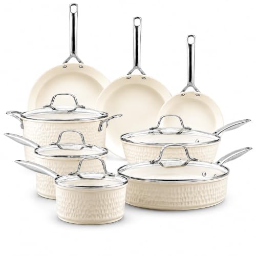 GOTHAM STEEL HAMMERED 13 Pc Titanium Ceramic Cookware Set Nonsitck, Cream