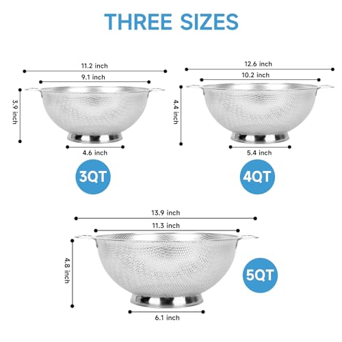 Colander for Kitchen, 3QT, Stainless Steel Colander Strainer with Handle for Fruits Vegetables Cooking Food, Dishwasher Safe