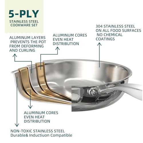 Umite Chef Stainless Steel Cookware Set, 5 Ply 14 Piece Stainless Steel Pot and Pan Set-Induction, Heavy Chef Quality, Oven Safe