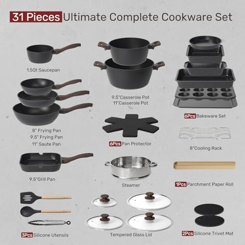 Kikcoin 31 Piece Pots and Pans Set Non Stick Kitchen Cookware Sets