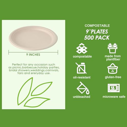 Vplus 500 Pack Compostable Bagasse Paper Plates 9 inch, Nature | Super Strong Paper Plates, 100% Bagasse, Natural Biodegradable, Perfect for Dinner, Gathering, and Picnic