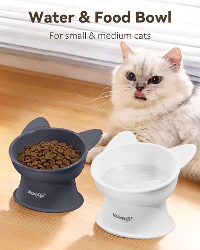 MateeyLife 2 Pack Elevated Cat Food Bowls for Indoor Cats & Kittens | Raised Food and Water Bowl Set, Whisker Friendly & Anti Vomit Feeding Pet Bowls, 6 oz Each, Dishwasher Safe - White & Grey