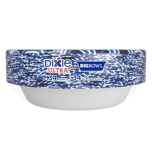 Dixie Ultra Large Paper Bowls, 34 oz Disposable Bowls, 34 Count | Heavy duty paper bowls for easy cleanup, Disposable bowls for hot soup, microwave safe, soak-proof shield, durable
