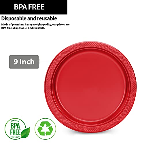 Hanna K. Signature Collection Red Plastic Plates, 9‑Inch Round, 50 Count – Disposable Heavy‑Duty Dinner Party Plates for Weddings, BBQs & Birthdays