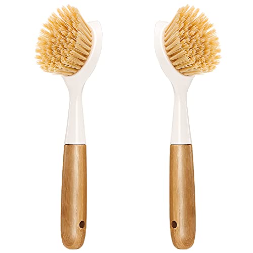 2 Pack Kitchen Dish Brush Bamboo Handle Dish Scrubber Built-in Scraper | Scrub Brush for Pans, Pots, Kitchen Sink Cleaning, Dishwashing and Cleaning Brushes are Perfect Cleaning Tools, White