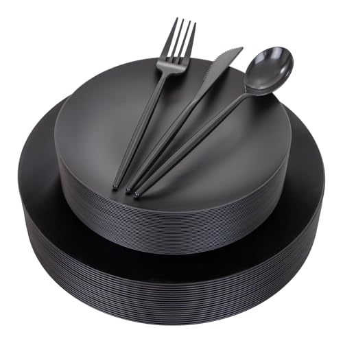 ejonirinjonir 150pcs Frosted Black Plastic Plates Plastic Plate for Wedding | Includes 30 Dinner,30 Dessert Plates and Sliverware Elegantes.Heavy Duty Black Disposable Plates Excel at Party and Banquets.