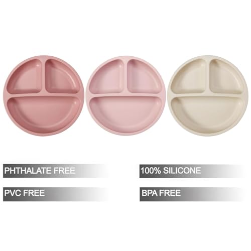 PandaEar 3 Pack Toddler Plates, Silicone Divided Suction Plate for Babies, BPA-Free 100% Food-Grade Silicone Unbreakable Baby Plate, Pink/Linen/Light Pink
