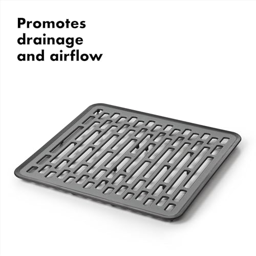 OXO Good Grips Small Kitchen Sink Mat with Drain Holes, Silicone Sink Mat | Non-Slip Rubber Sink Bottom Mat, Protects Dishes And Sink, Kitchen Sink Protector, Drain Holes, Gray