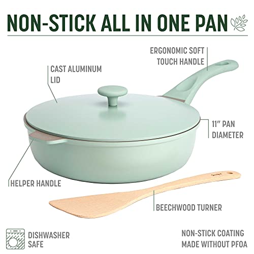 Goodful All-in-One Pan, Multilayer Nonstick Cookware Set, High-Performance Construction, Multipurpose Design Replaces Multiple Pots and Pans, Dishwasher Safe, 11-Inch, 4.4-Quart Capacity, Sage Green