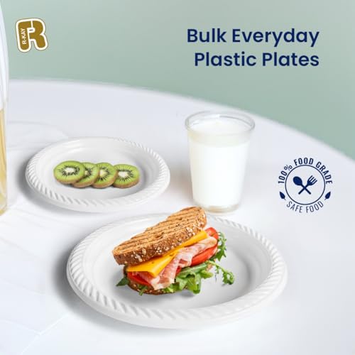 R-kay 100 Pack 6 Inch White Plastic Plates Disposable - Heavy Duty White Disposable Plates - Microwavable Disposable Plastic Plates (6 Inch, 100, Count)
