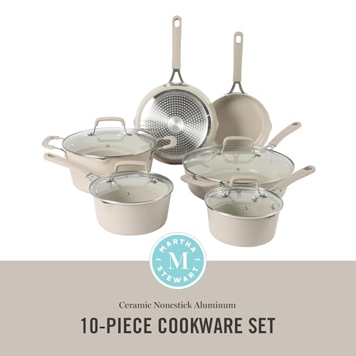 Martha Stewart Heathland Premium Nonstick PFA Free Ceramic Interior 10-Piece Tapered Aluminum Cookware Set - Taupe