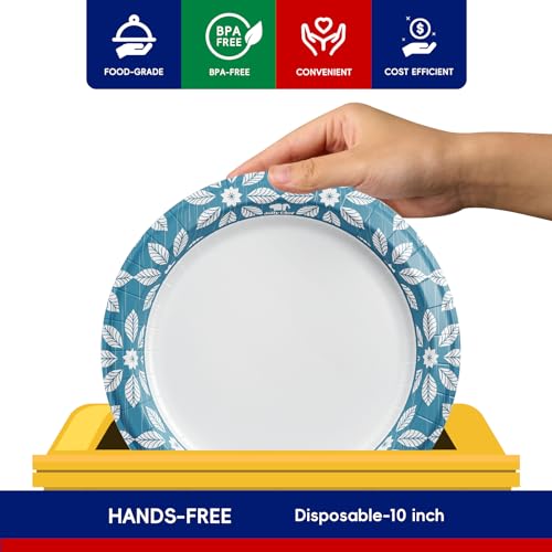 JOLLY CHEF 10 inch 140 Pack Disposable Paper Plates | Heavy Duty Printed Paper Plates for Everyday Use, Soak Proof, Cut Proof