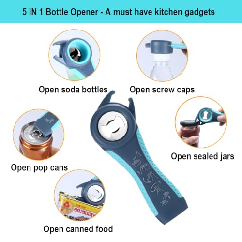Jar Opener for Weak Hands, Seniors with Arthritis, 5 in 1 Bottle Opener | Multi-use Lid Opener Set with Non-slip Rubber Gripper Pad & Wine Opener, Great for Senior Parents, Grandparents or Loved Ones
