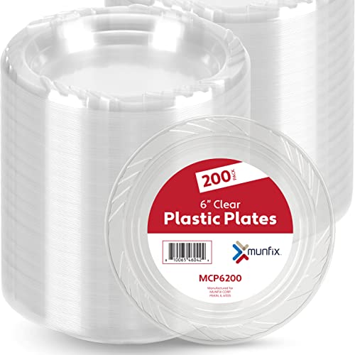 Munfix 6 Inch Clear Plastic Dessert Plates Set 200 Bulk Pack Disposable | Cake Plates for Dessert & Appetizers, Parties, BBQ, Picnic Party, Travel and Events, Microwavable Recyclable