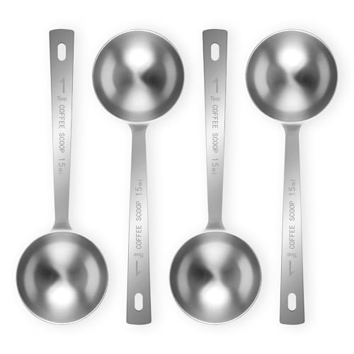 Flezoo 4Pcs 1 Tbsp 15ml Stainless Steel Long Handle Coffee Measuring Scoop | Stainless Steel, Precise 1 Tbsp Measure, Long Handle, For Ground Coffee Tea Spice Powder, Dishwasher Safe, Multi-Use Scoop