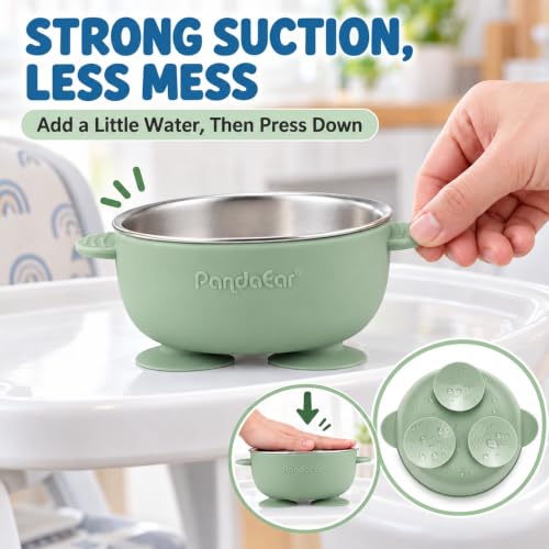 PandaEar 3 Pack Stainless Steel Baby Suction Bowls, Non-Slip Child Food Bowl with Silicone Sleeve for Kids Toddlers Infants, Unbreakable & Mess Free (Blue Green Beige)