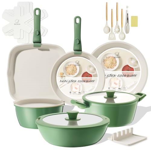 BECIGAR 23pcs Ceramic Pots and Pans Set, Nonstick Detachable Handle Cookware, Induction Kitchen Cooking Set, Include Frying Pans & Saucepans Oven Safe(Green)