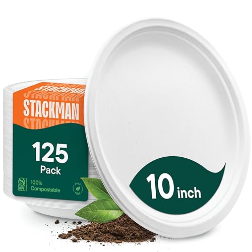 100% Compostable Disposable Paper Plates [125-Pack] - (PFAS-Free) - [10 Inch] Heavy Duty, Eco-Friendly, Biodegradable Bagasse Dinner Plates - Natural Brown 10" Plate by Stack Man (BPI Certified)