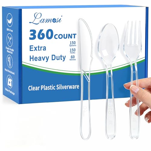 Lamosi 360 Count Extra Heavy Duty Clear Plastic Forks, Spoons, Knives | 150 Forks, 150 Spoons, 60 Knives Disposable Plastic Silverware Set, BPA-Free, Heat Resistant for Weddings, Parties & Events
