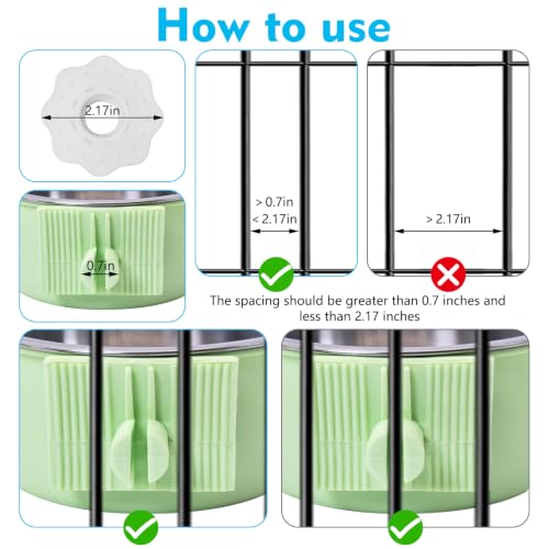 kathson Crate Dog Bowl, Removable Stainless Steel Hanging Pet Kennel Cage Bowl Food & Water Feeder Coop Cup for Puppy, Cat, Rabbit, Guinea Pigs Ferret Bird (2 PCS, Size: M, Blue and Green)