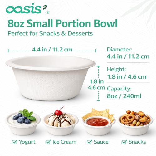 OasisSN 8 oz 128-Pack Compostable Paper Bowls, Small Disposable Dessert & Snack Bowls, Heavy-Duty Bagasse Bowls for Ice Cream, Sauce & Kids Meals, Microwave & Freezer Safe, Eco-Friendly (White)