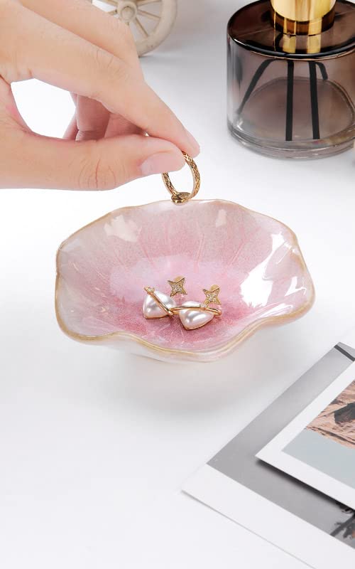JAMEND CLXP Lotus Leaf Shape Decorative Ring Tray, Small Key Bowl, Ceramic Trinket Tray Jewelry Dish Organizing Necklace Earrings, Home Decoration for Mom Best Friend Sister, Pink.