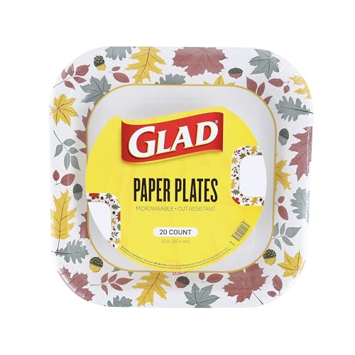 Glad Square Disposable Paper Plates, Falling Foliage, 10 Inch, 20 Count | Soak-proof, microwave-safe, cut-resistant design, for fall and Thanksgiving gatherings, seasonal use