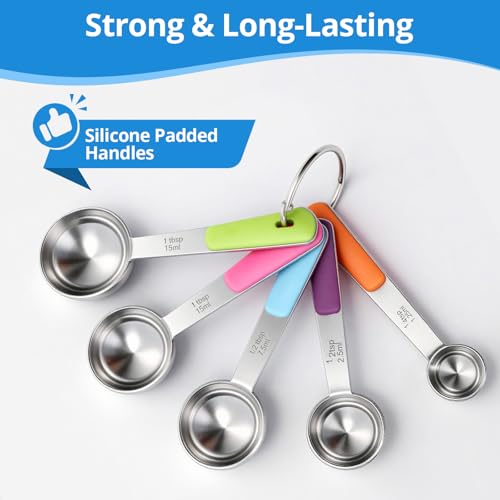 Bopei 10-Pcs Stainless Steel Measuring Cups & Spoons Set, Colorful Handles | Dry and Liquid Ingredients, Dishwasher Safe, Nesting for Cooking and Baking