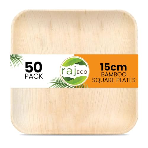 Raj Bamboo Disposable Heavy Duty 6" Square Plates 50 Pack | Strong plates Bamboo plates for weddings, parties, BBQs, picnics, camping, Home use, lunch & dinner.