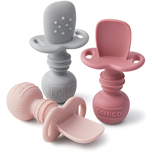 SAMiGO Silicone Baby Spoons Self Feeding 6 Months, Infant Eating Utensils | 3-Pack, First Stage Spoons for Baby Led Weaning, Baby Feeding Essentials, Ideal for Starting Solid Food, 6-12M & Toddlers
