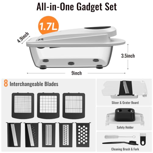 8-Blade Cook Tool & Gadget Sets, Egg Slicer Chopper Grater Set, White | Egg Slicer Vegetable Chopper Mandoline Food Grater with Container for Onion, Veggie Salad