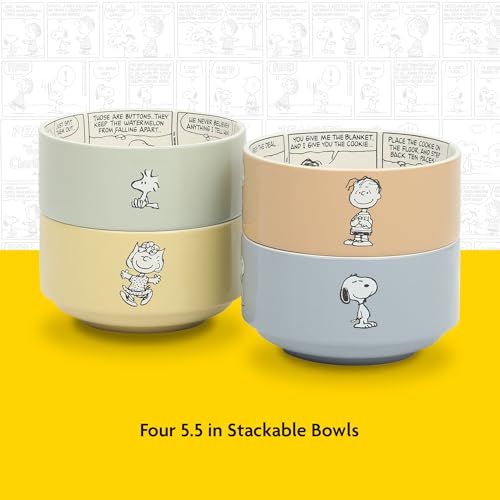 Peanuts Snoopy Bonbon Bites 4-Piece 5.5-Inch Decorated Stoneware Ceramic Stackable Bowl Set, Microwave & Dishwasher Safe Snack and Dessert Bowls