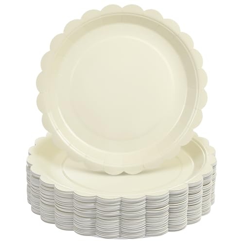 Goodluck 50 PCS Ivory Paper Plates 7 In Scalloped Disposable Dessert Plates | Small Appetizer Cake Plates for Wedding, Baby Shower, Birthday Party