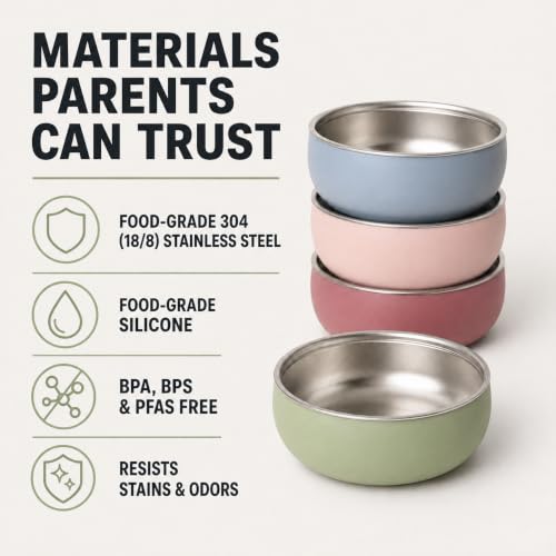 Monkey Proof™ Non-Toxic Stainless Steel Child Bowl 5” with Non-Slip Silicone Shell, Multi-color, (Set of 4 bowls) Unbreakable, Mess Free Feeding for Babies, Toddlers, Kids, BPA free