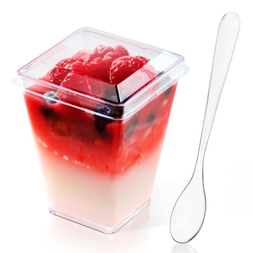 JOLLY CHEF 5 oz Plastic Dessert Cups with Lids and Spoons 50 Pack | Plastic Yogurt Parfait Appetizer Cup for Party, Clear Mini Dessert Shooter for Pudding Fruit Trifle Ice Cream