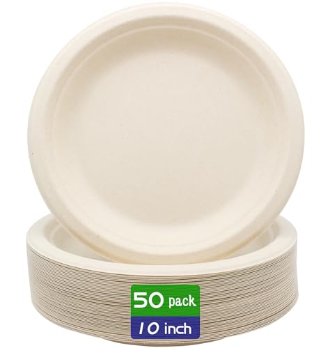 BLUE TOP 100% Compostable Disposable Paper Plates Heavy Duty Waterproof Plates-50 Pack 10 inch Eco-Friendly Plates, Natural Biodegradable Sugarca Bagasse Dinner Plates Unbleached Brown